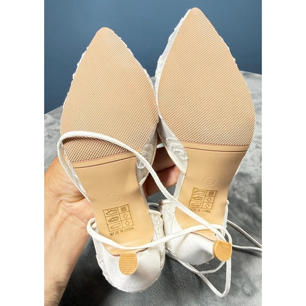 Erijunor Lace Heels Womens 3 Ivory Ankle Tie Lace Up Pointed Toe Bridal